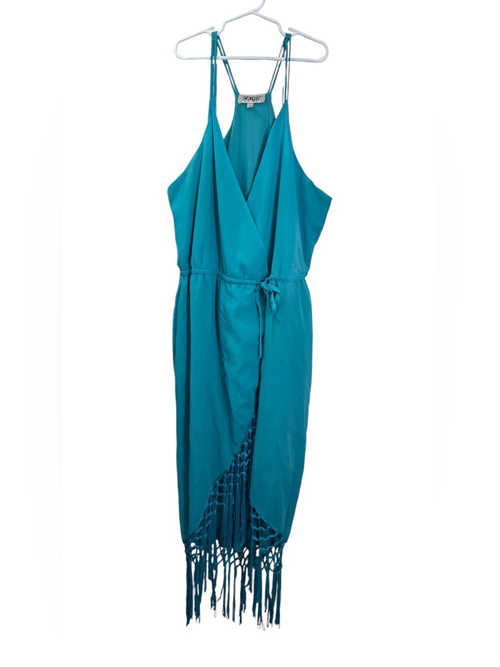 Boho Chic Magic Teal Fringe Summer Wrap V Neck Maxi Dress | Size L